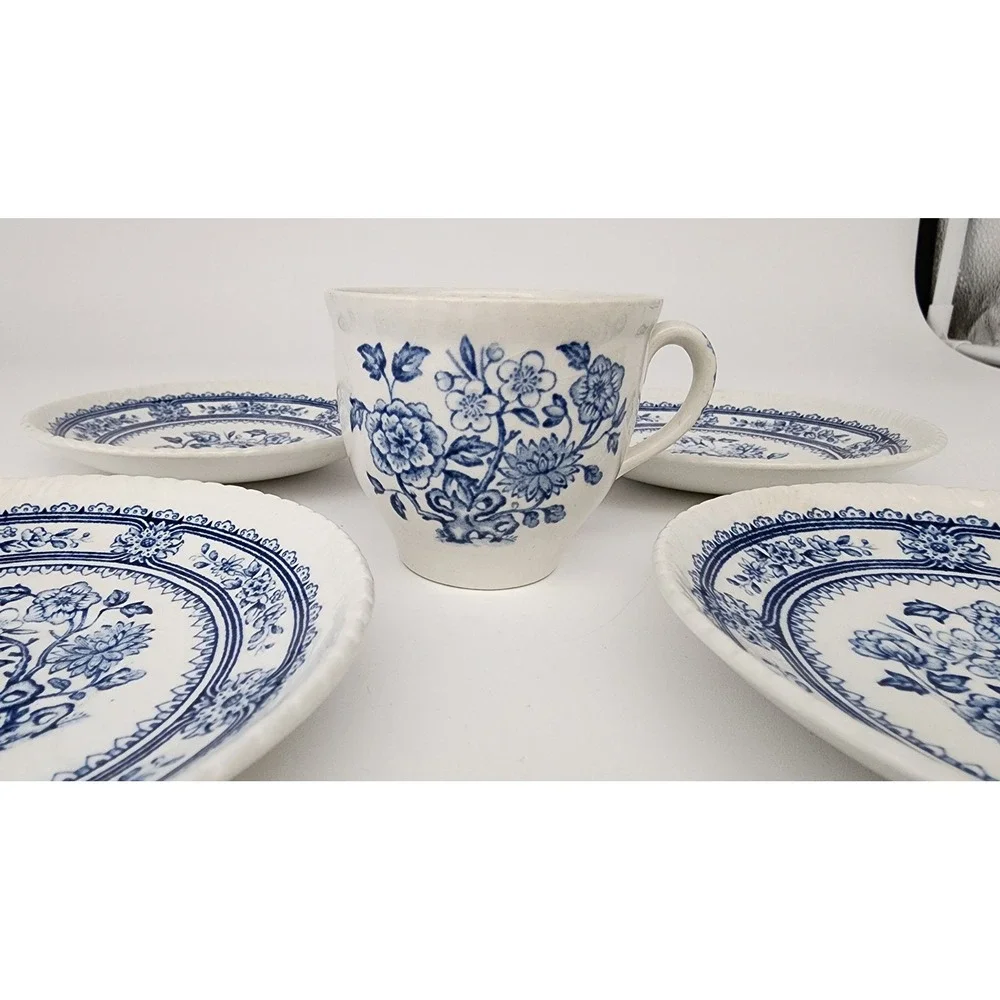 Wood's England Dorset Tea Cup Saucers 5pc Blue White Floral Vintage Transferware